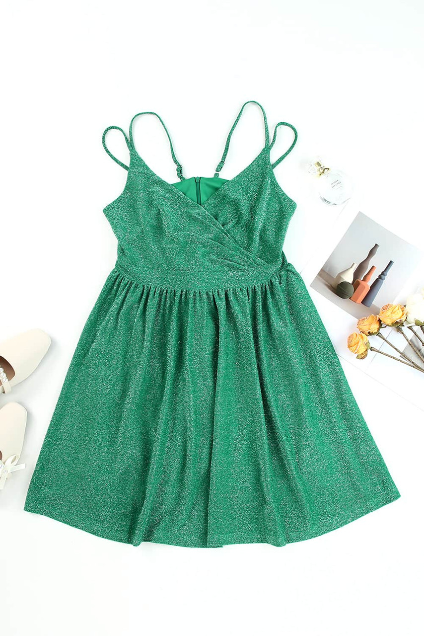 Green Double Straps Metallic Shining Skater Dress