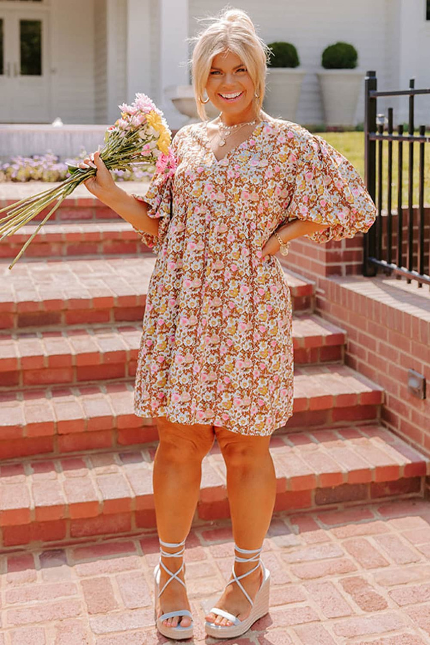 Multicolor Plus Size Floral Print Puff Sleeves Dress