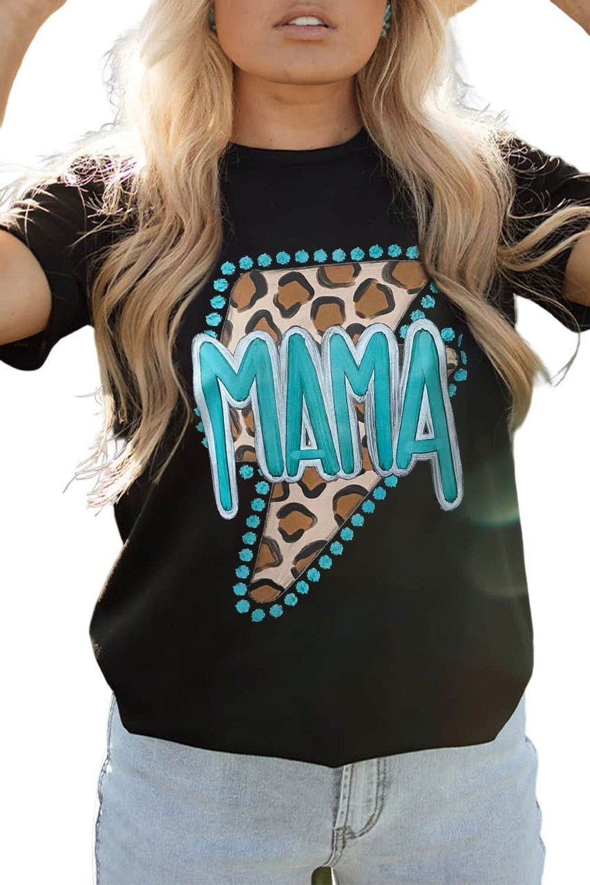 Black Western Fashion MAMA Leopard Lightening Graphic Tee