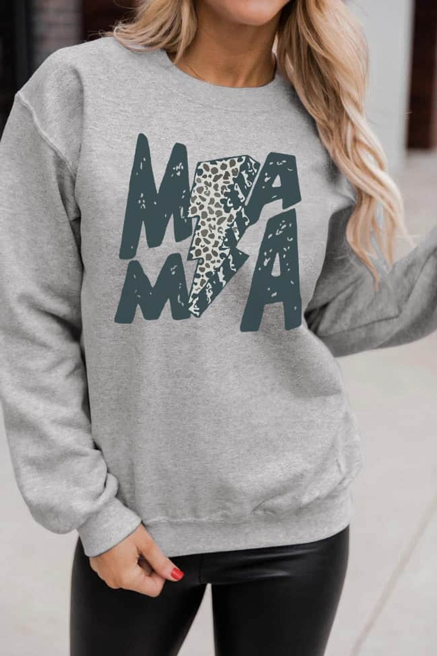 Gray MAMA Lightning Leopard Print Long Sleeve Sweatshirt