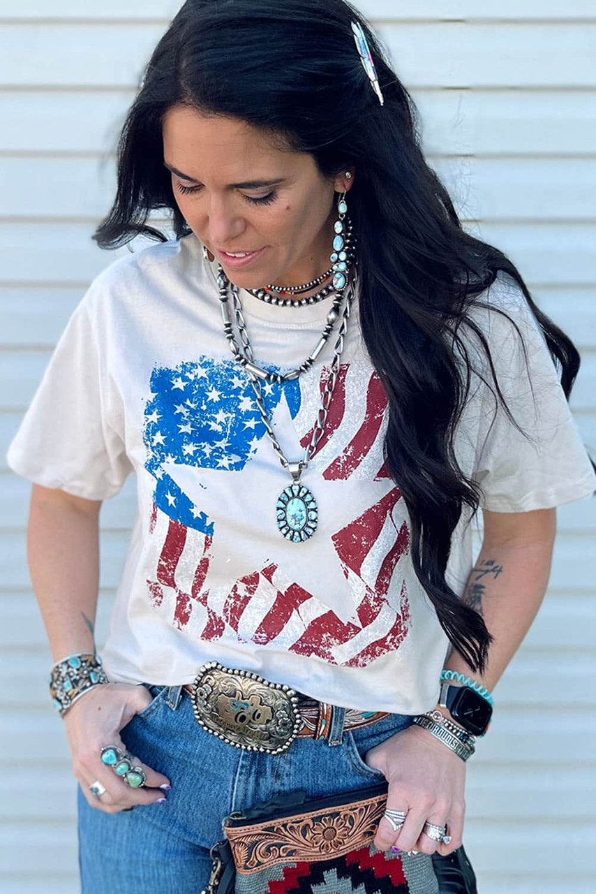 White American Flag Star Graphic Print Crew Neck T Shirt