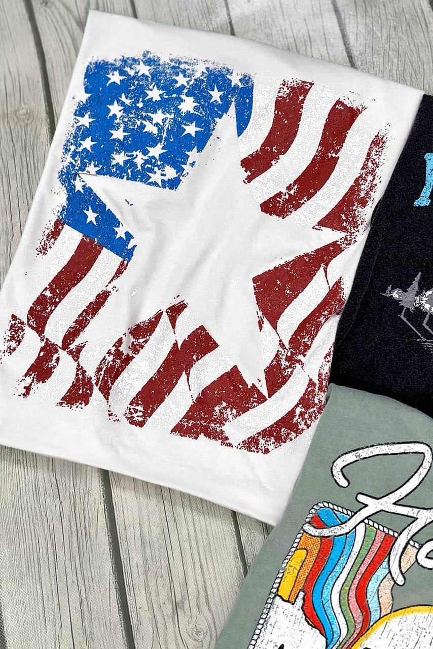 White American Flag Star Graphic Print Crew Neck T Shirt