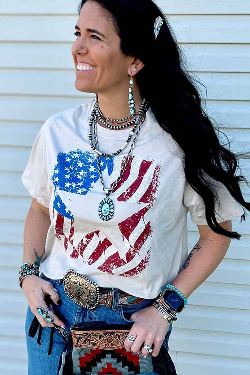 White American Flag Star Graphic Print Crew Neck T Shirt White American Flag Star Graphic Print Crew Neck T Shirt