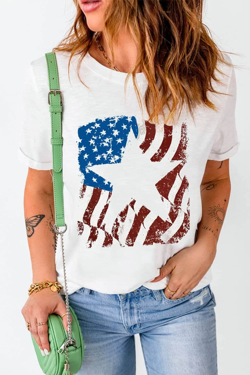 White American Flag Star Graphic Print Crew Neck T Shirt White American Flag Star Graphic Print Crew Neck T Shirt