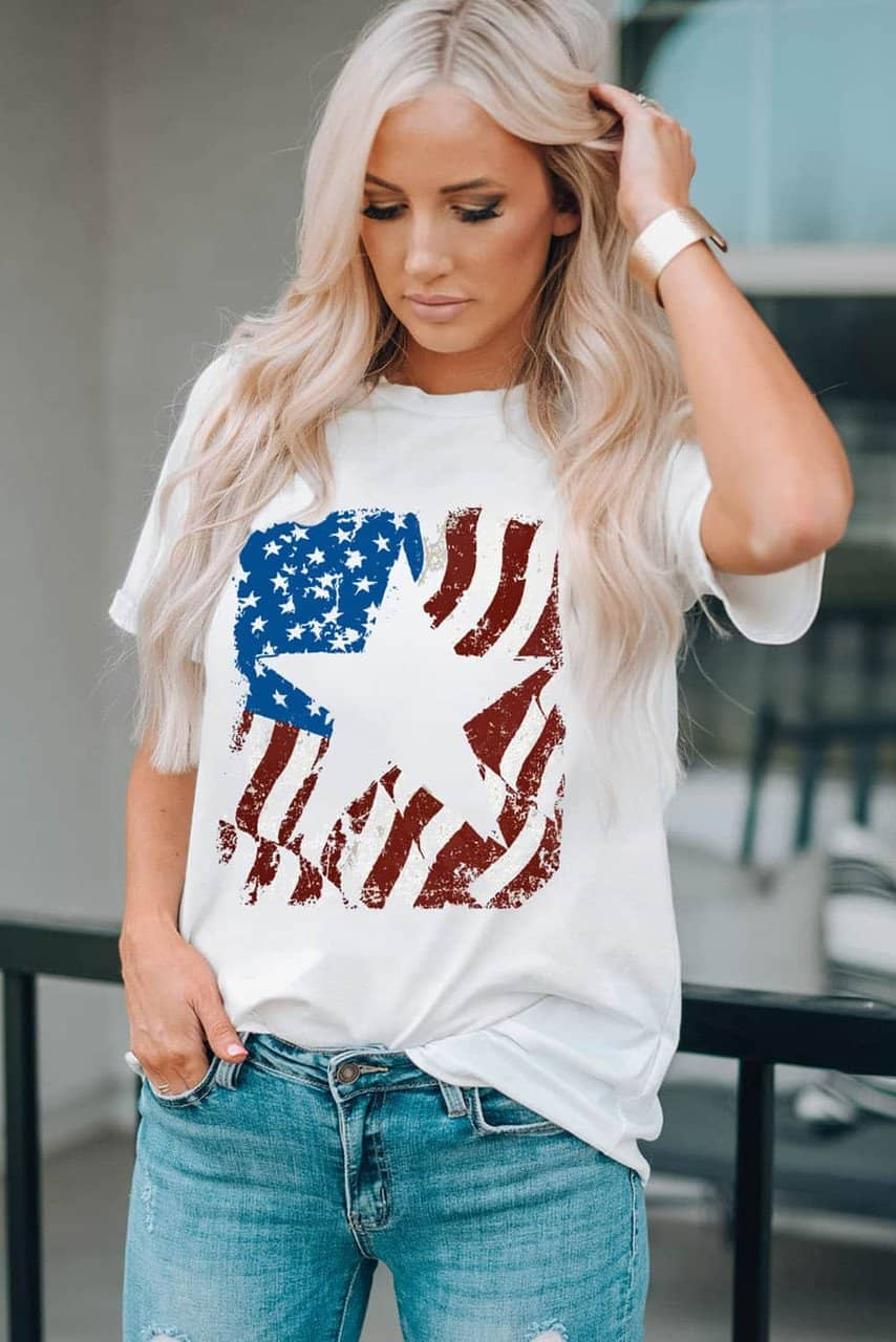White American Flag Star Graphic Print Crew Neck T Shirt White American Flag Star Graphic Print Crew Neck T Shirt