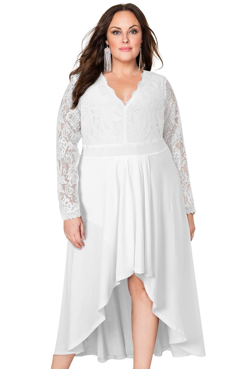 White Plus Size High-Low Lace Contrast Evening Dress