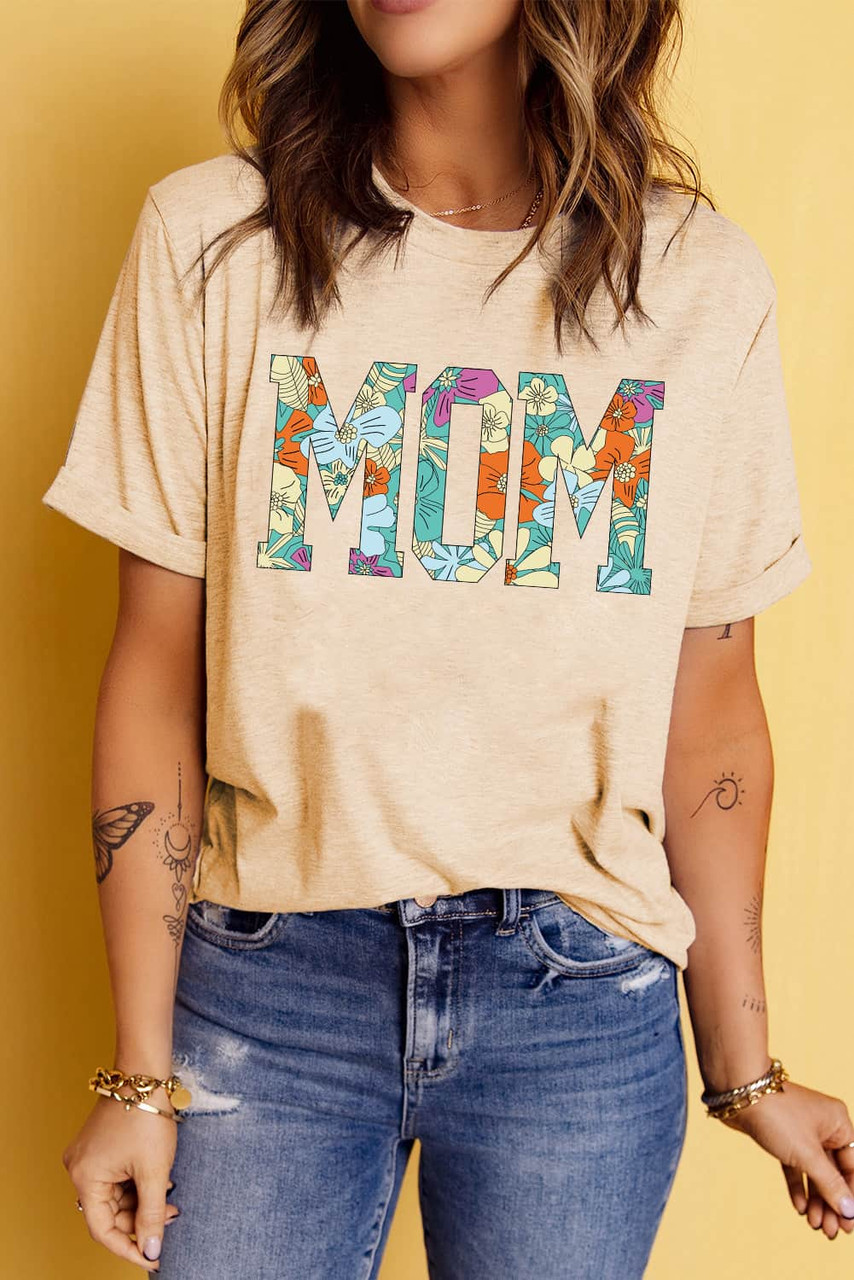 Khaki MOM Floral Letter Print T Shirt