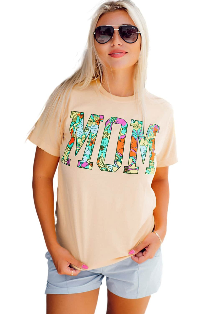 Khaki MOM Floral Letter Print T Shirt