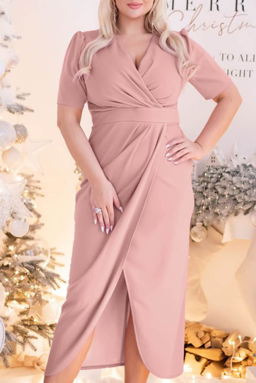 Pink Plus Size Wrap V Neck Slit Hem Midi Dress