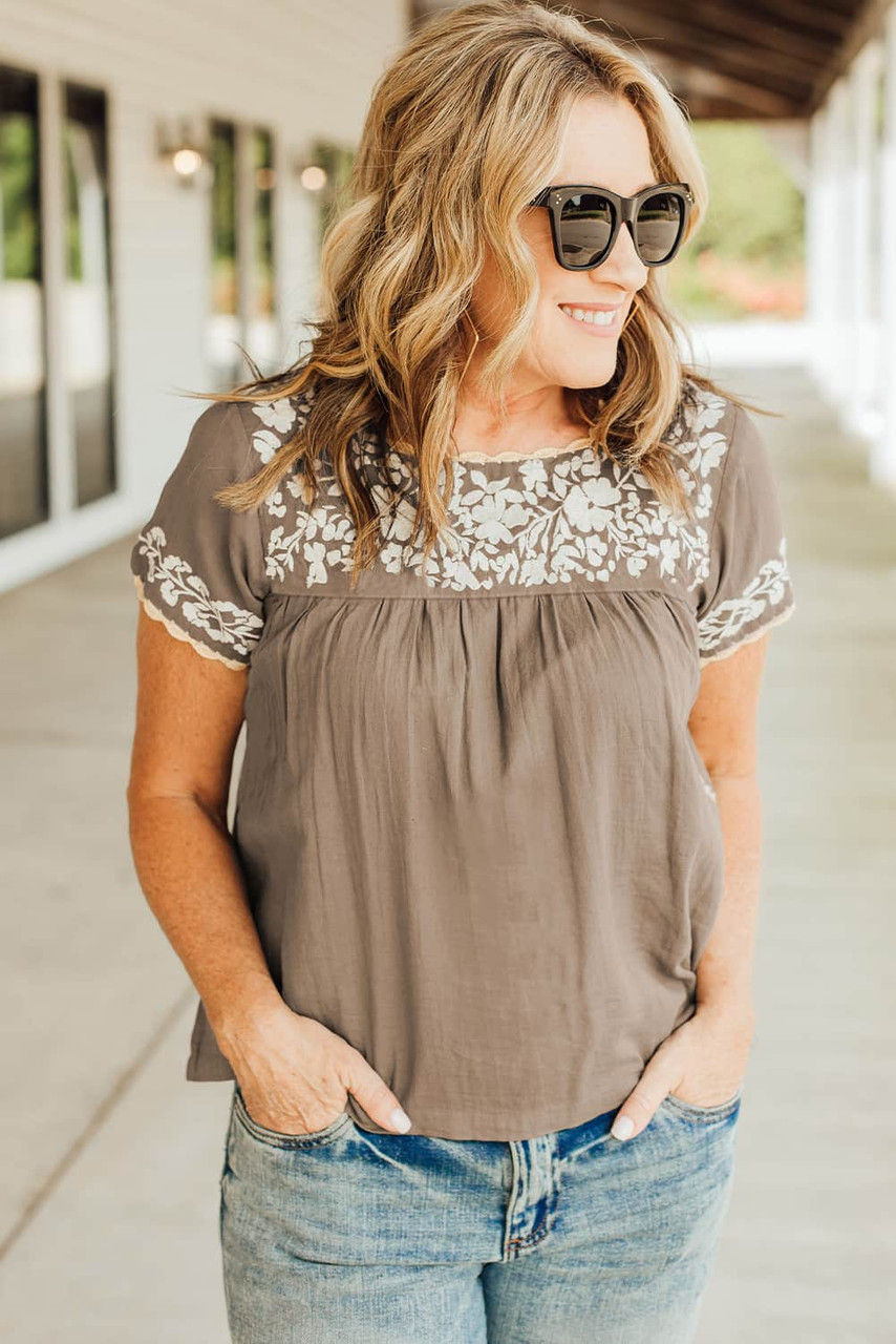 Gray Short Sleeve Embroidered Blouse