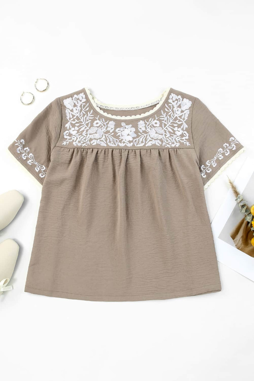 Gray Short Sleeve Embroidered Blouse