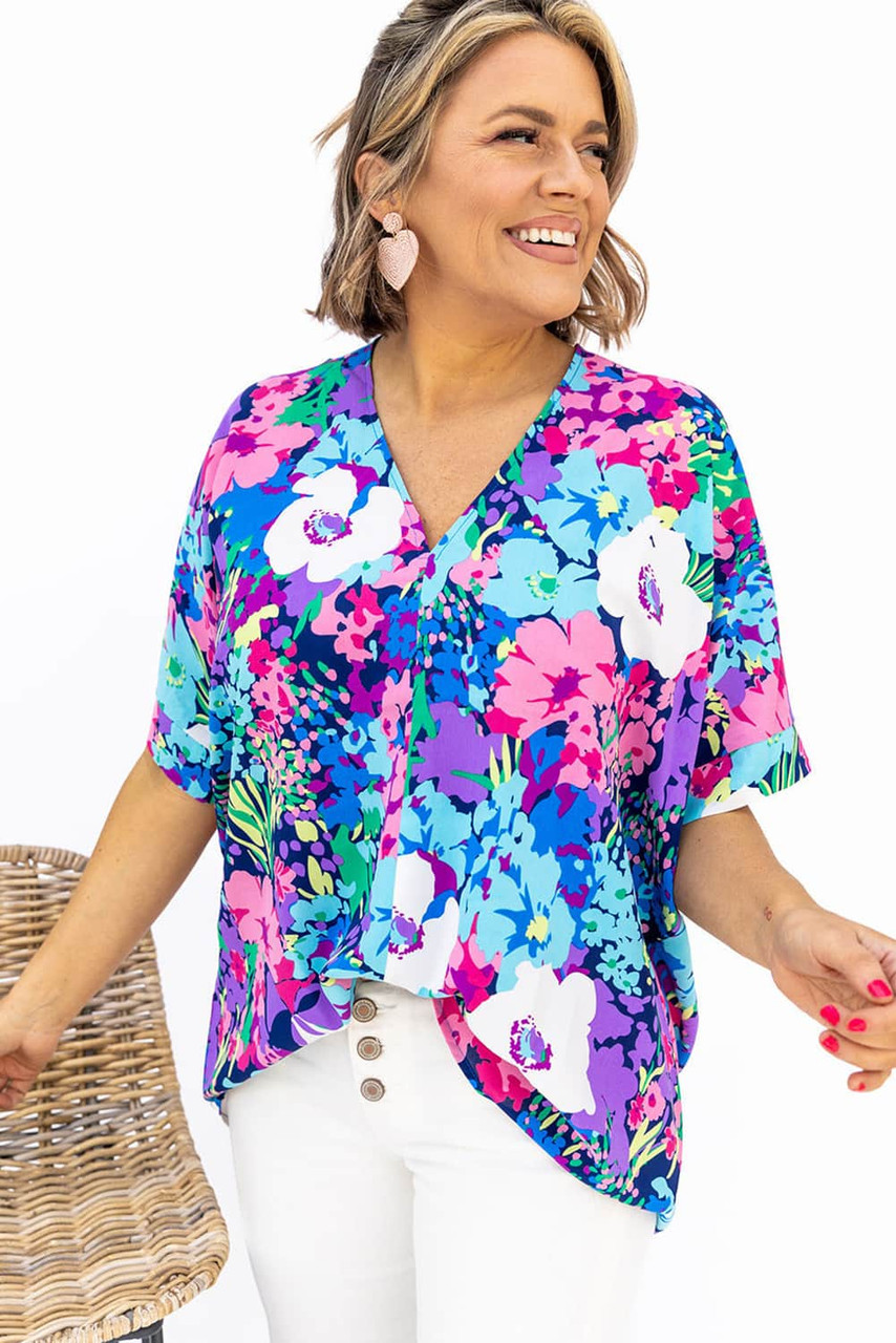 Multicolor V Neck Dolman Sleeve Plus Size Floral Blouse