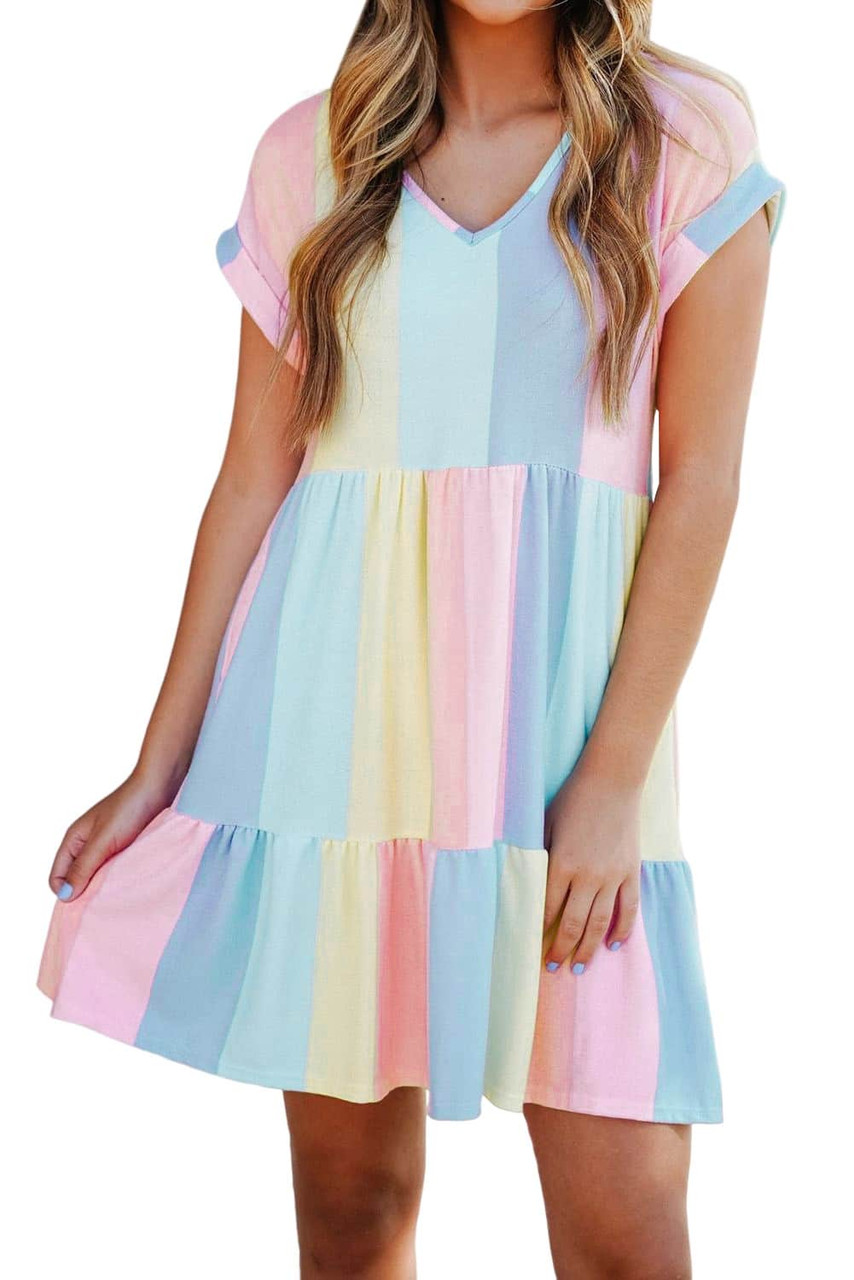 Multicolor Striped Color Block Tiered Mini Dress