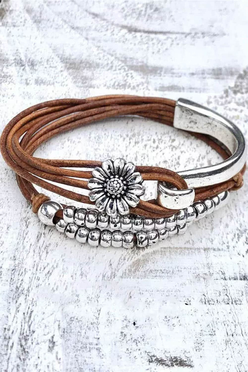 Brown Daisy Beading Alloy Multilayer Bracelet