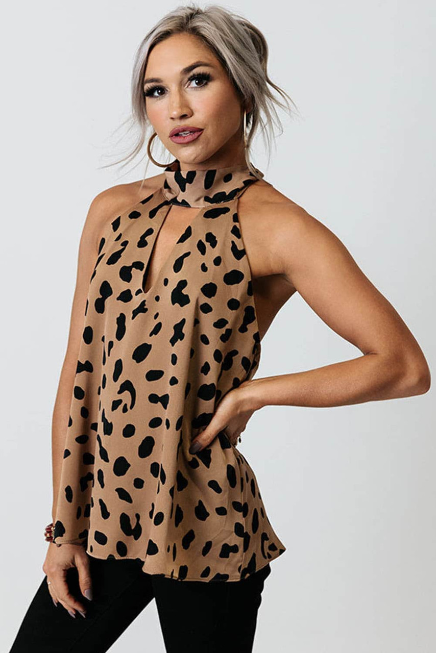 Leopard Print Keyhole Lace-up Halter Open Back Tank Top