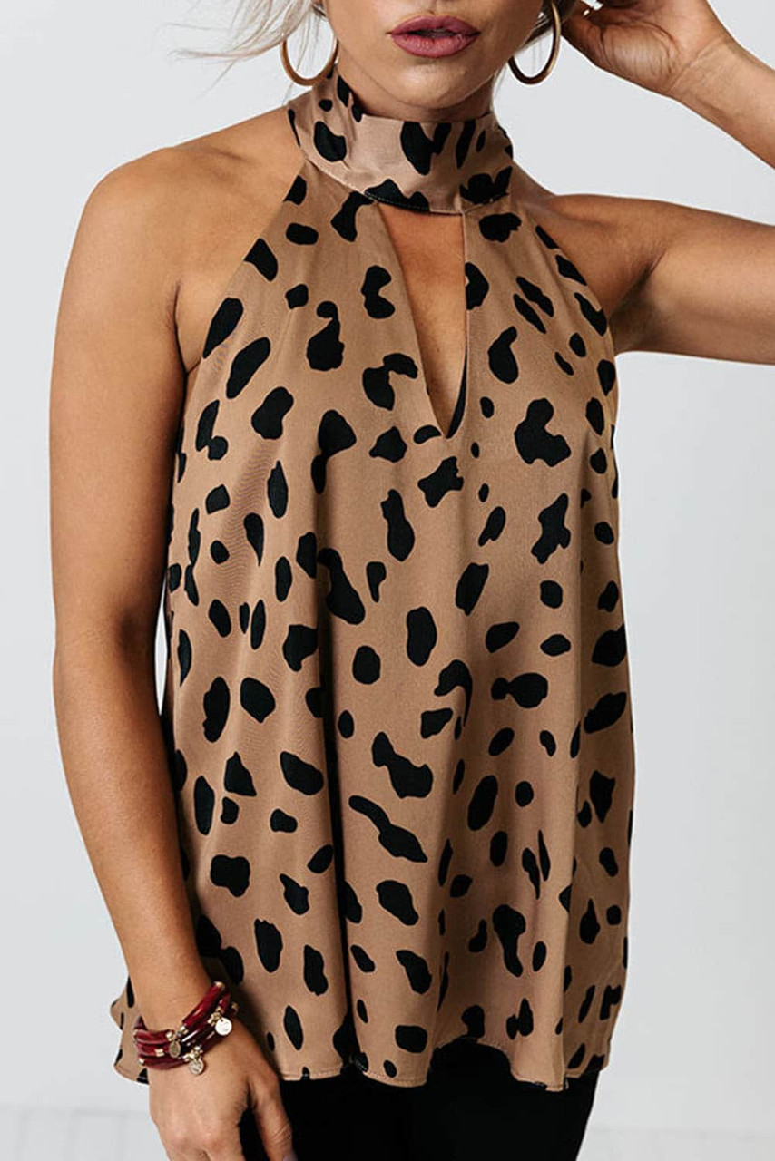 Leopard Print Keyhole Lace-up Halter Open Back Tank Top