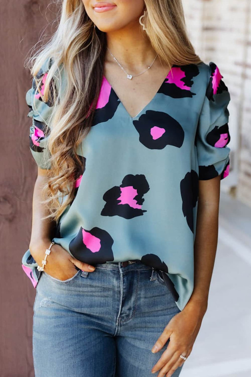 Sky Blue Ruched Short Sleeve Leopard Print Blouse