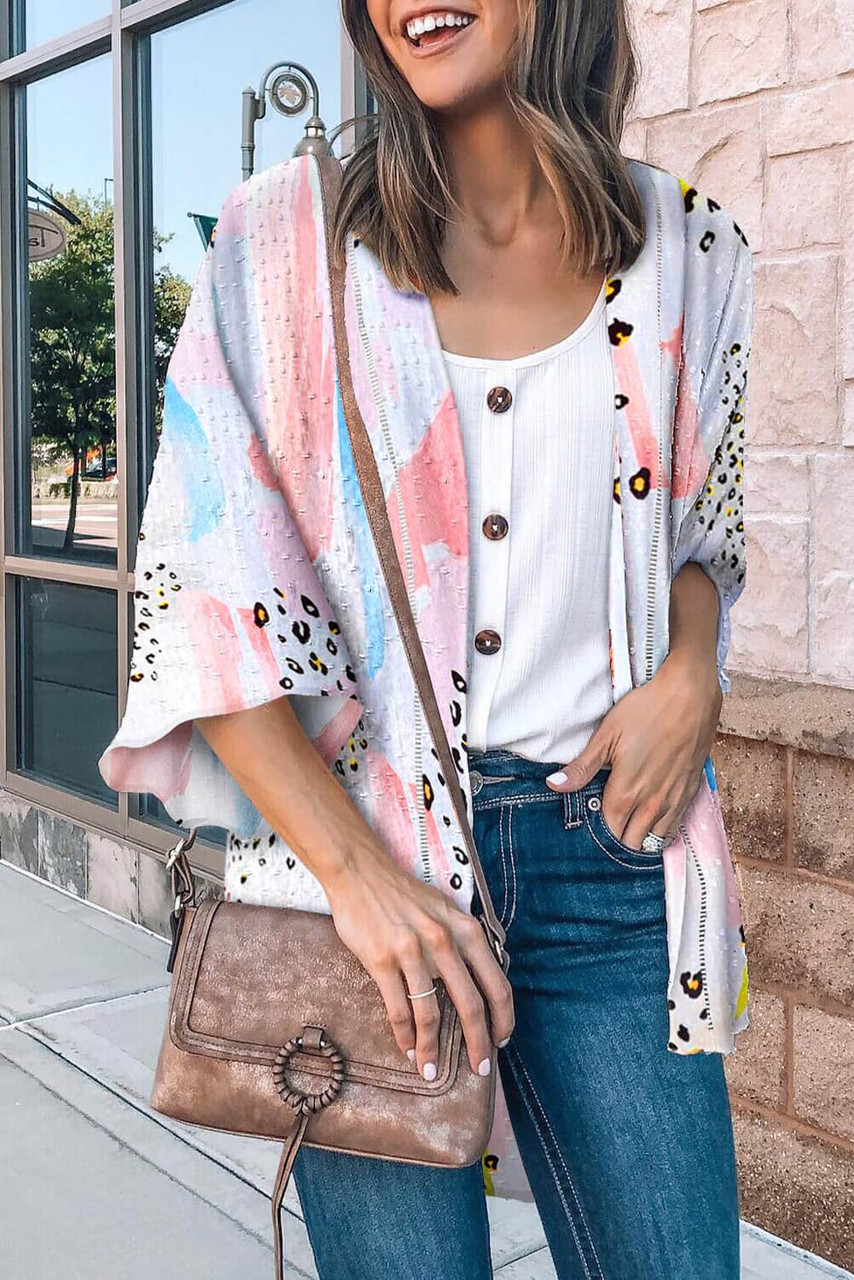 Multicolor Floral Print Open Front Bell Sleeve kimono