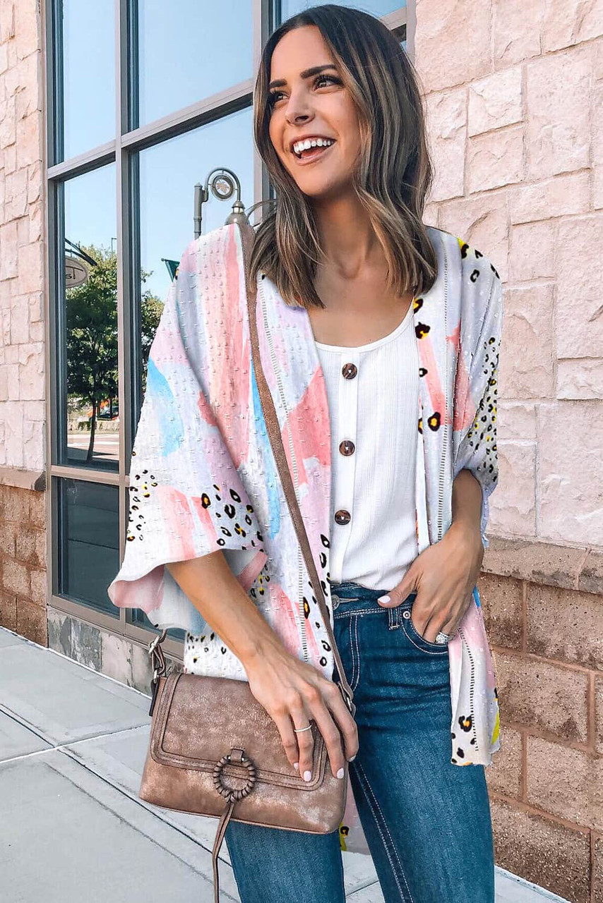 Multicolor Floral Print Open Front Bell Sleeve kimono