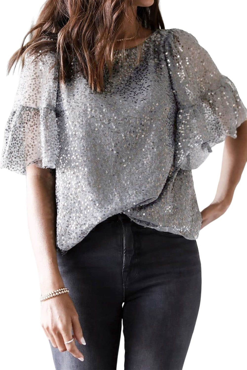 Gray Ruffled Sleeves Sequin Blouse