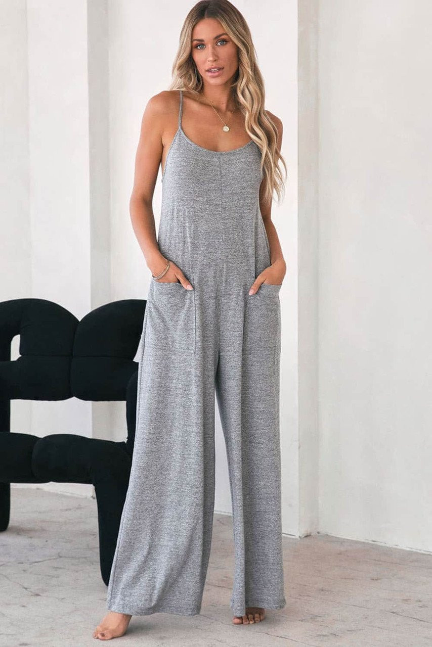 Gray Loose Fit Side Pockets Spaghetti Strap Wide Leg Jumpsuit Gray Loose Fit Side Pockets Spaghetti Strap Wide Leg Jumpsuit