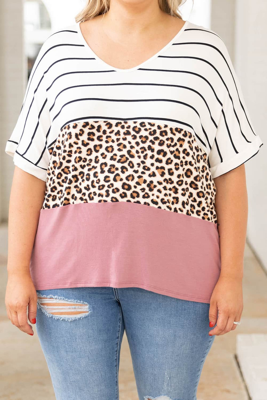 Striped Leopard Color Block Plus Size T-Shirt