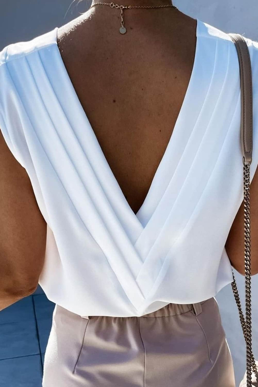 White V Neck Pleated Backless Cap Sleeve Top