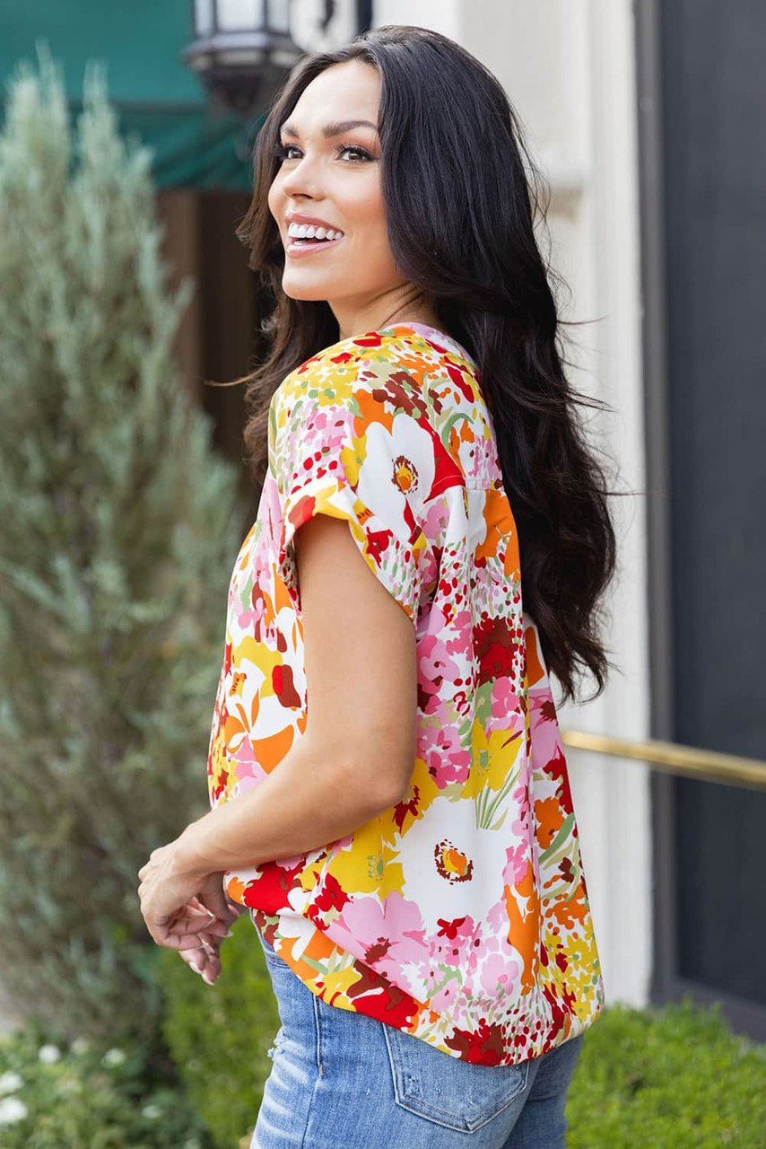 White Boho Floral Print V Neck Short Sleeves Top White Boho Floral Print V Neck Short Sleeves Top