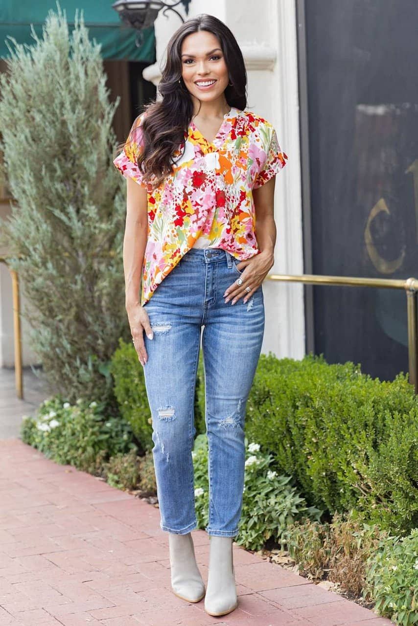 White Boho Floral Print V Neck Short Sleeves Top White Boho Floral Print V Neck Short Sleeves Top