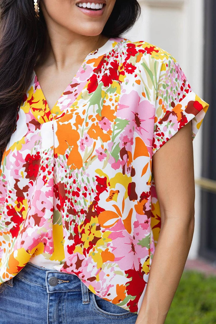 White Boho Floral Print V Neck Short Sleeves Top White Boho Floral Print V Neck Short Sleeves Top