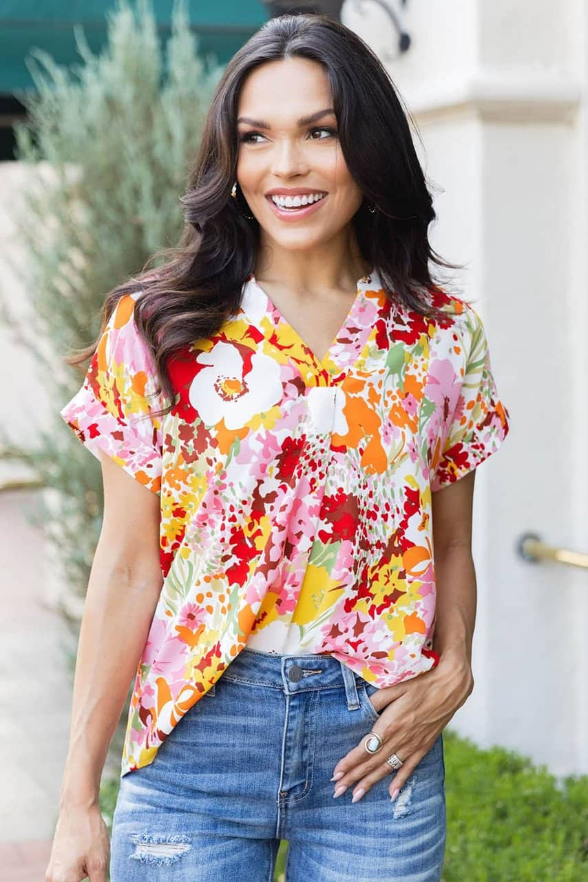 White Boho Floral Print V Neck Short Sleeves Top White Boho Floral Print V Neck Short Sleeves Top