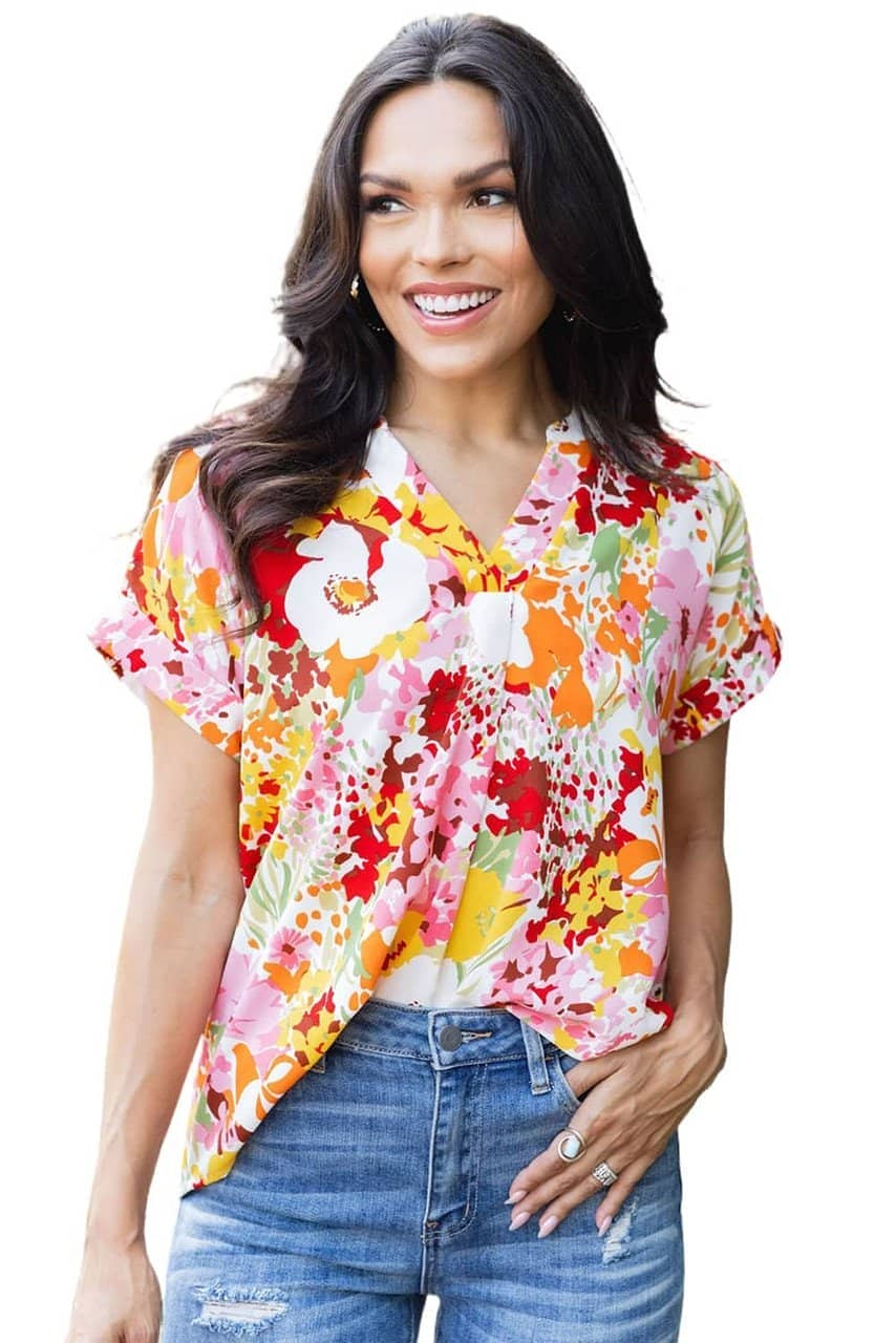 White Boho Floral Print V Neck Short Sleeves Top White Boho Floral Print V Neck Short Sleeves Top