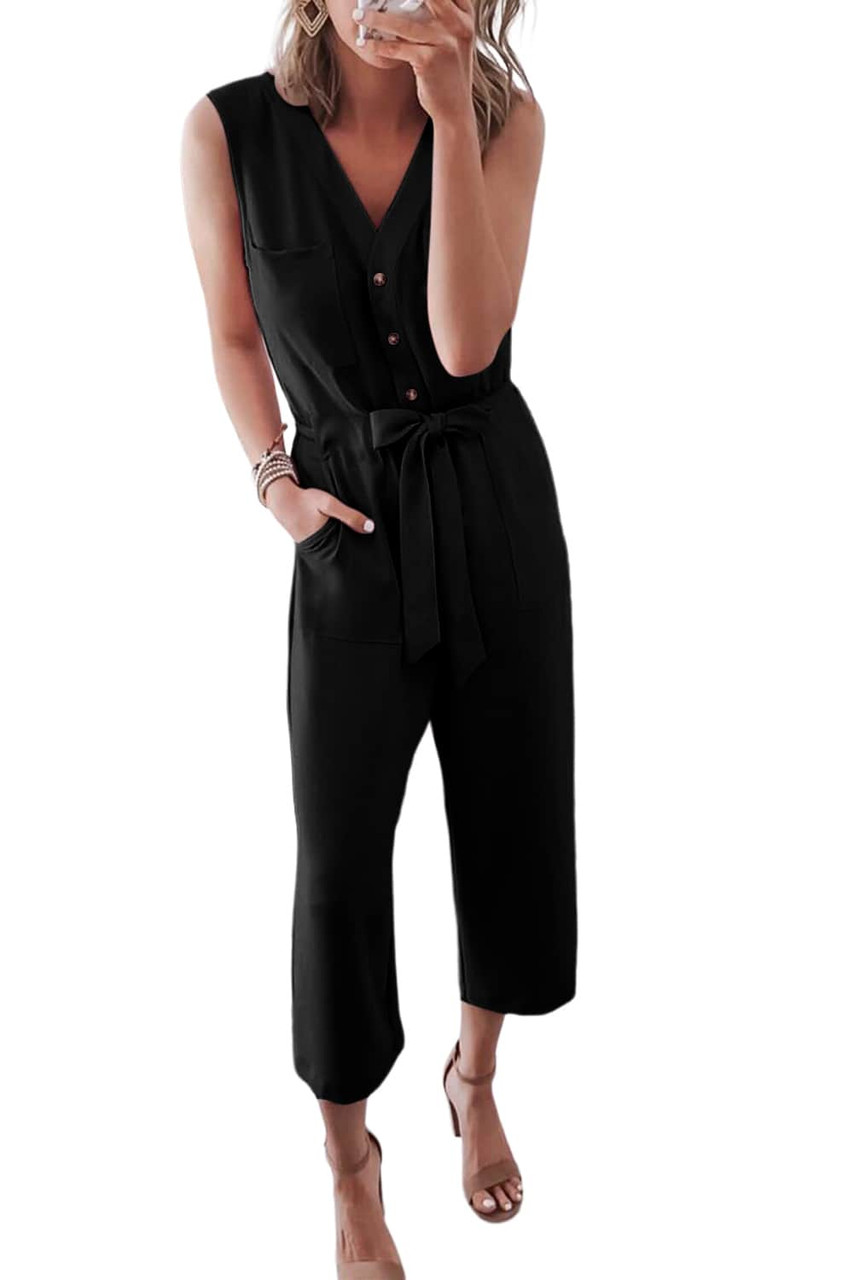 Black Buttoned Sleeveless Cropped Jumpsuit with Sash