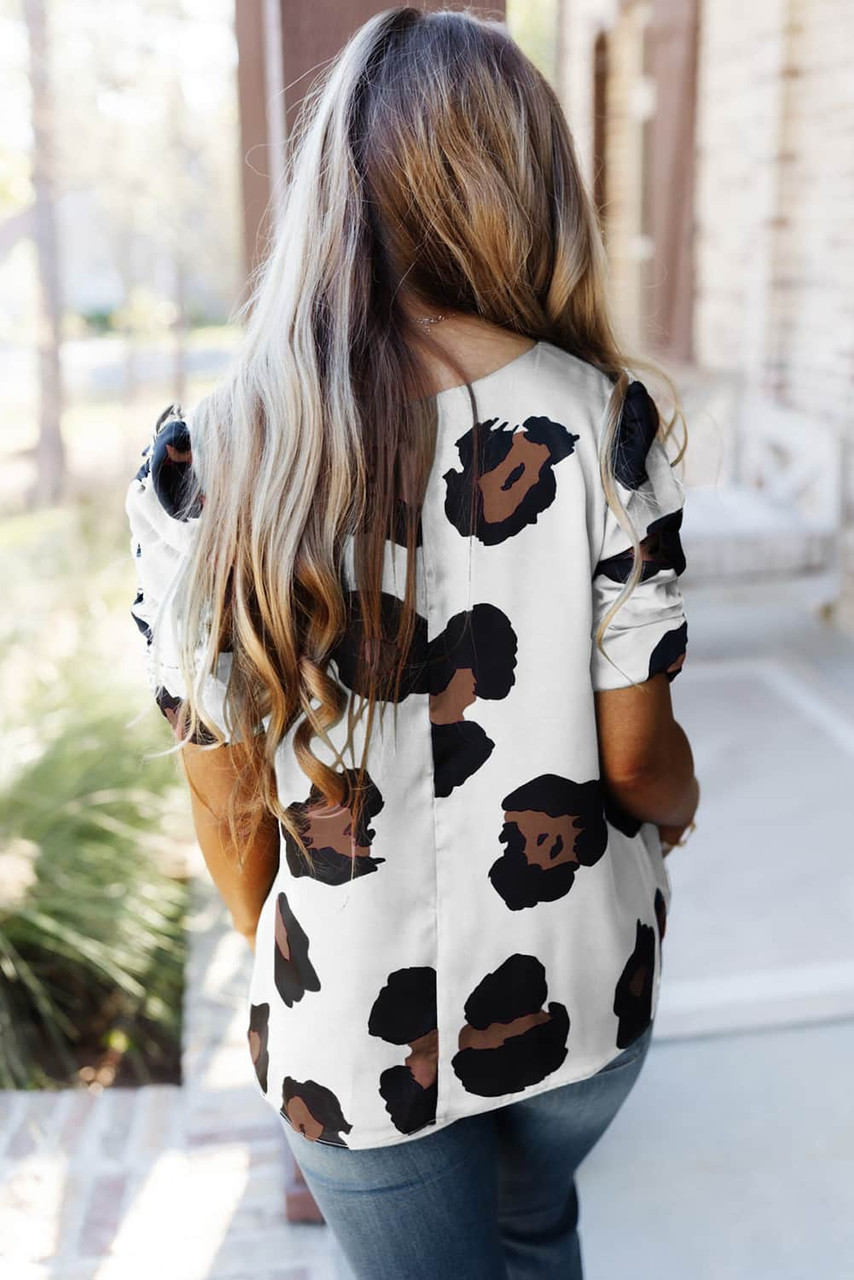 White Ruched Short Sleeve Leopard Print Blouse