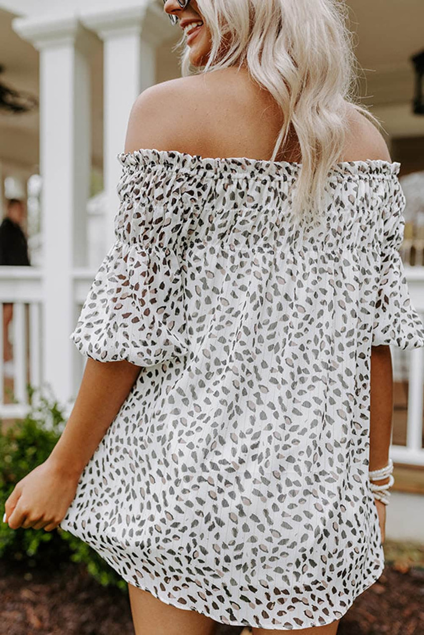 Leopard Frilled Off Shoulder Puff Sleeve Blouse