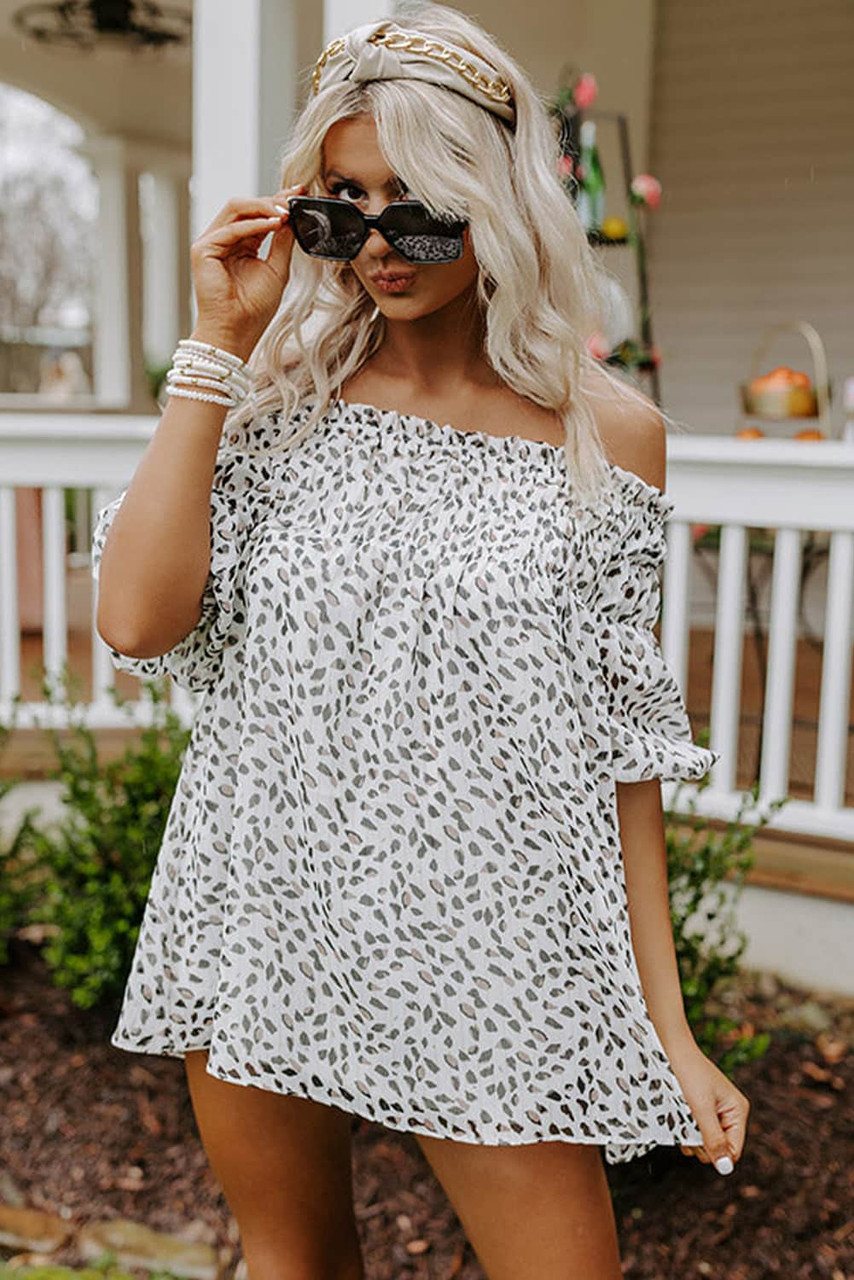 Leopard Frilled Off Shoulder Puff Sleeve Blouse