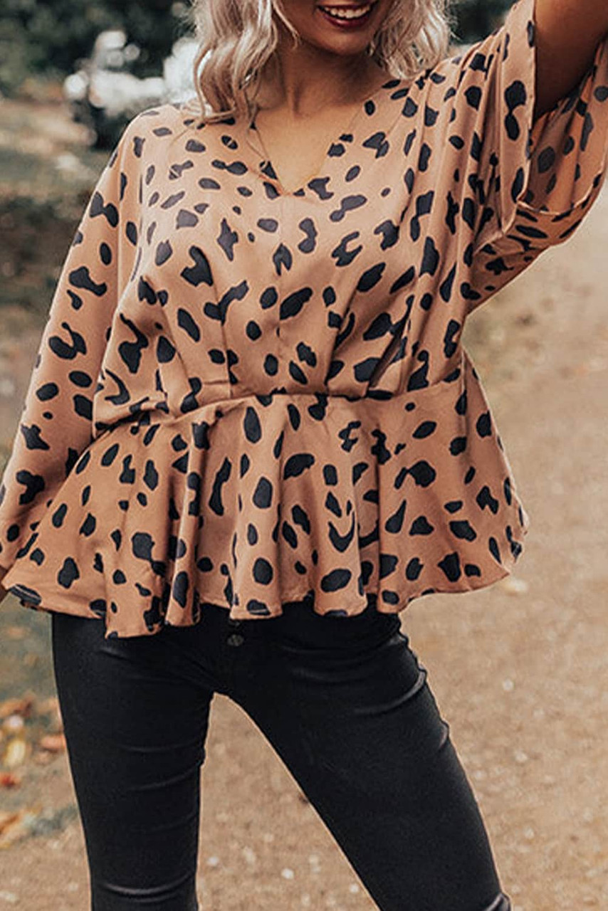 V Neck Leopard Print Peplum Blouse