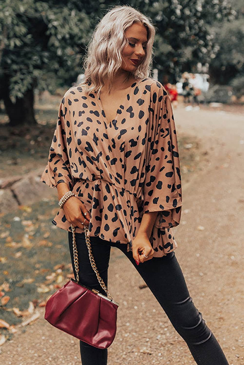 V Neck Leopard Print Peplum Blouse