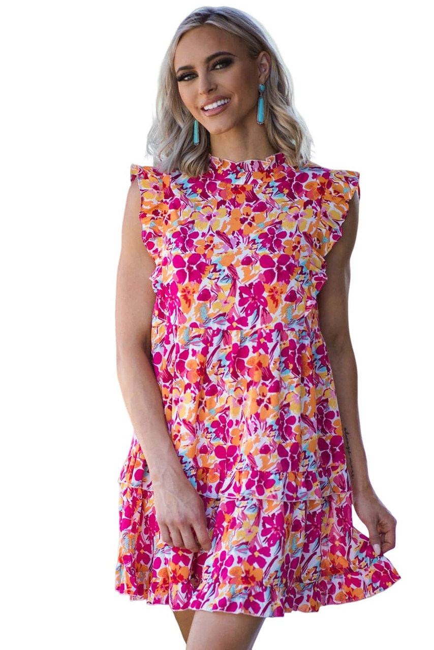 Red Ruffle Trim Tiered Sleeveless Floral Mini Dress