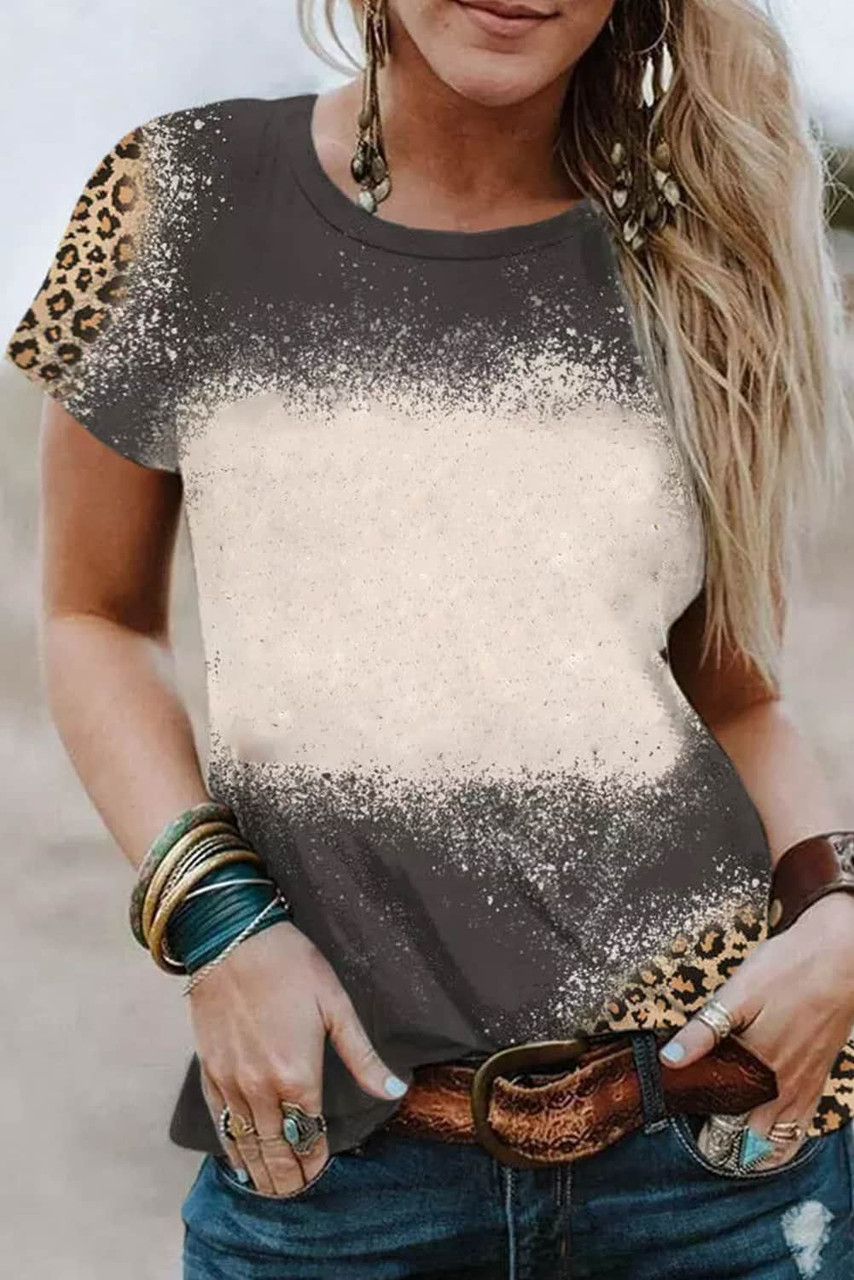 Gray Bleached Blank Leopard Tie-dye Print T Shirt