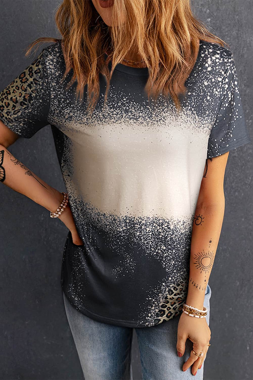 Gray Bleached Blank Leopard Tie-dye Print T Shirt