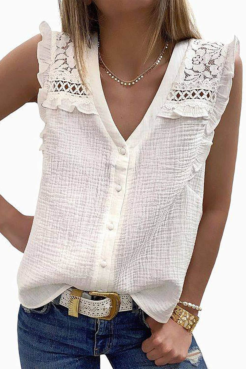 White Floral Lace Crochet Textured Sleeveless Shirt