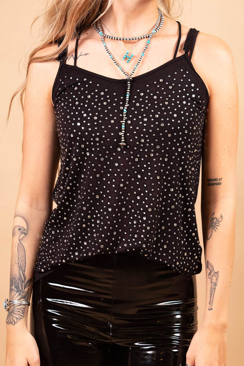 Black Adjustable Straps Rhinestone Tank Top