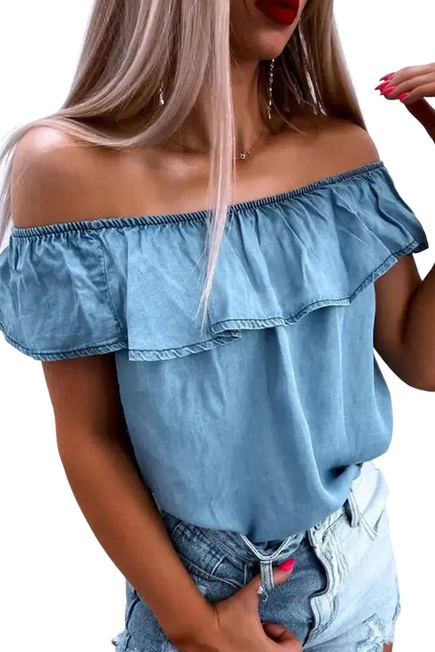 Sky Blue Off-the-shoulder Ruffled Denim Top