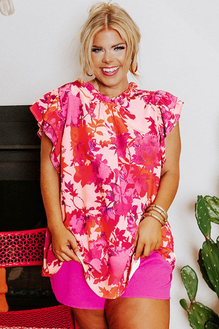 Rose Ruffle Tiered Sleeve Frill Neck Floral Plus Size Blouse