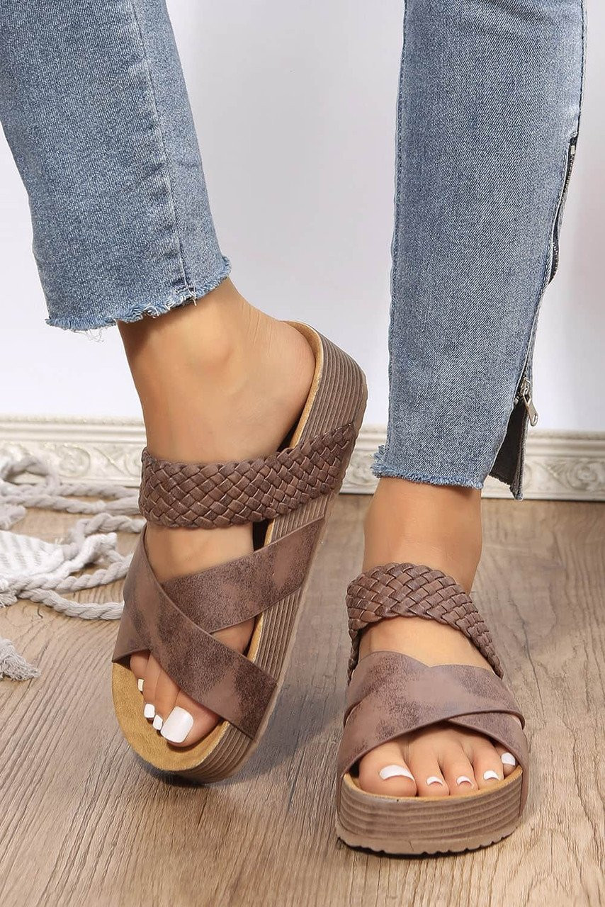 Brown Braided Detail Criss Cross Platform Slippers Brown Braided Detail Criss Cross Platform Slippers