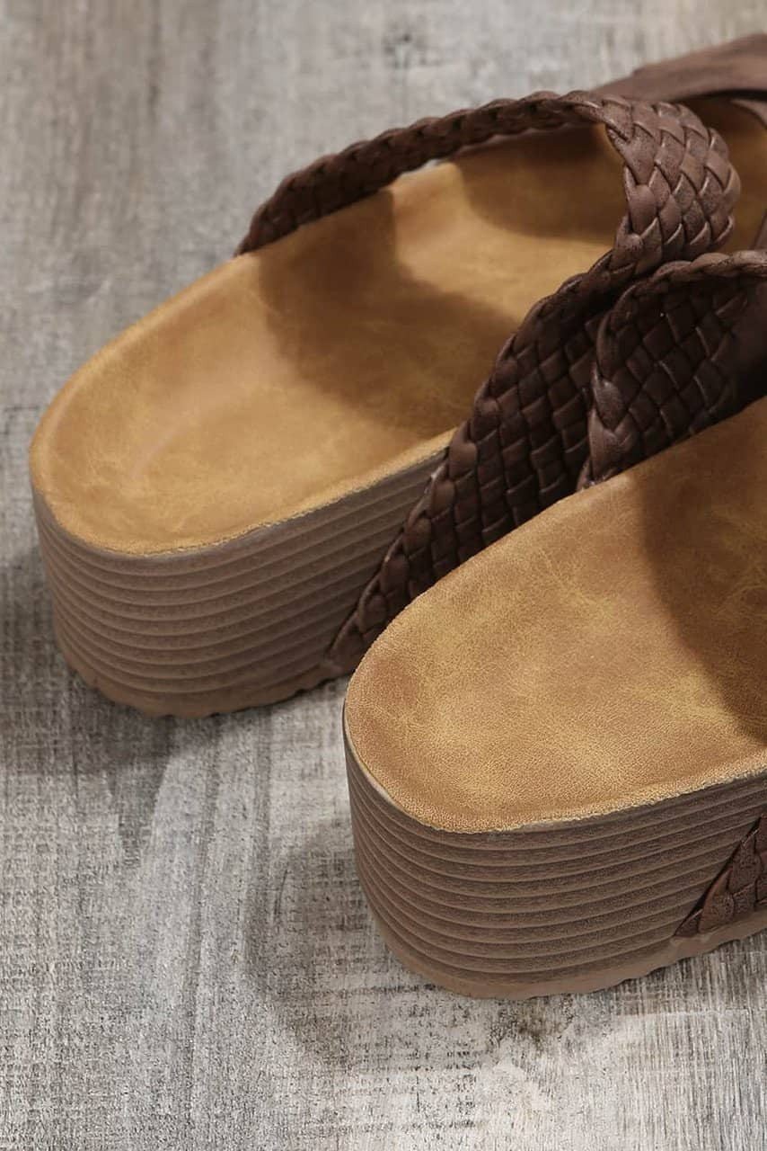 Brown Braided Detail Criss Cross Platform Slippers Brown Braided Detail Criss Cross Platform Slippers