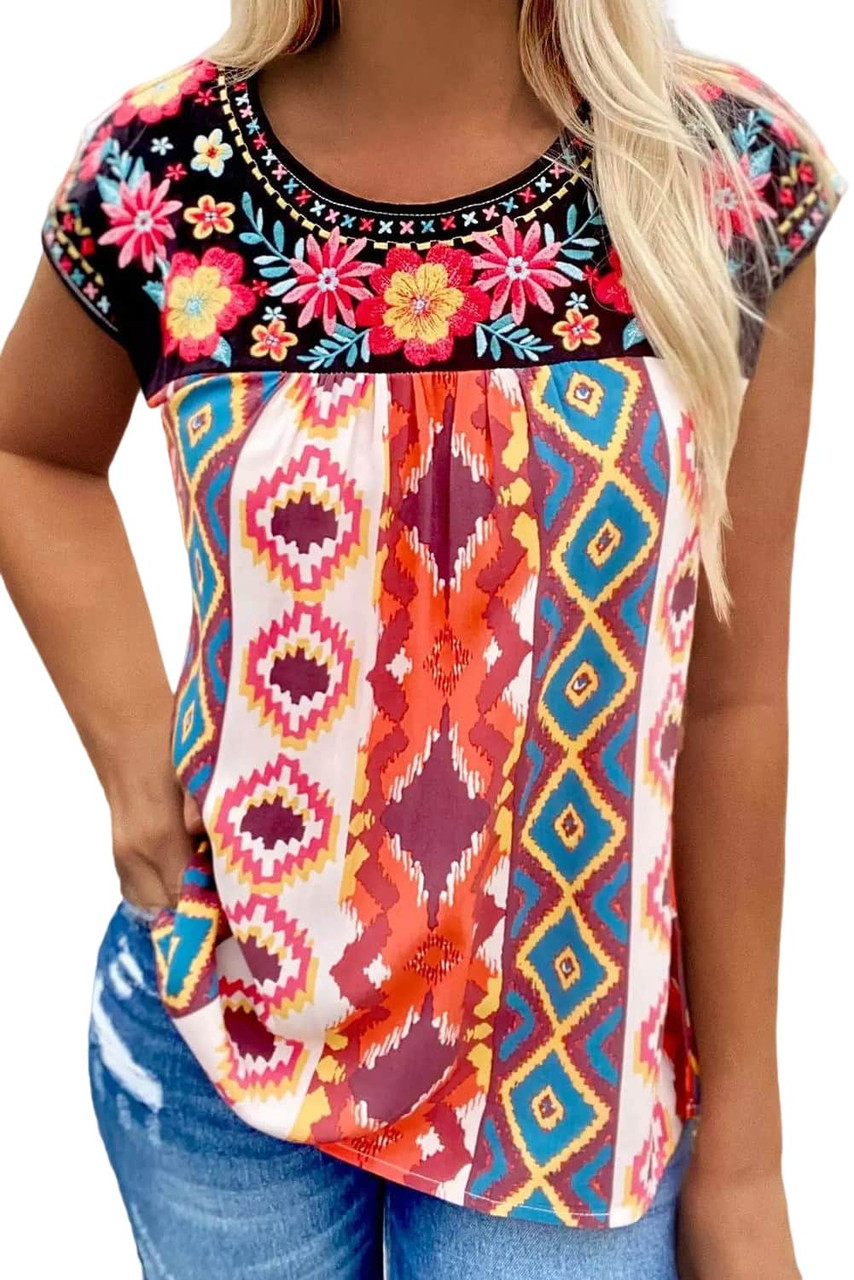 Multicolor Floral Aztec Geometric Cap Sleeve Top