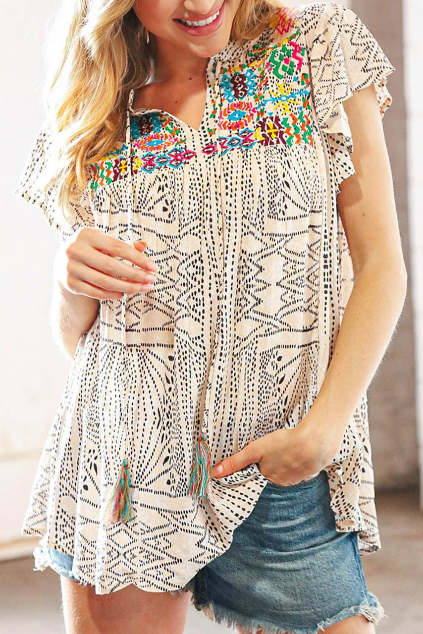 Beige Geometric Embroidered Spotted Print Tassel V Neck Blouse