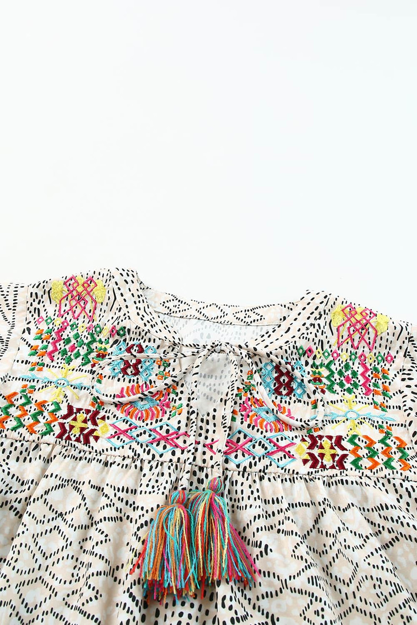 Beige Geometric Embroidered Spotted Print Tassel V Neck Blouse